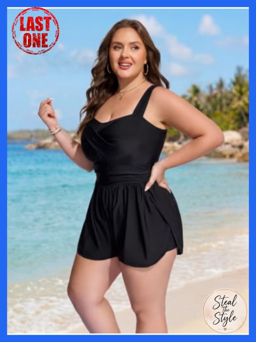 Plus Size One Piece Swimsuit Tummy Control Modest Bathing Suit Romper with - Picture 2 of 5